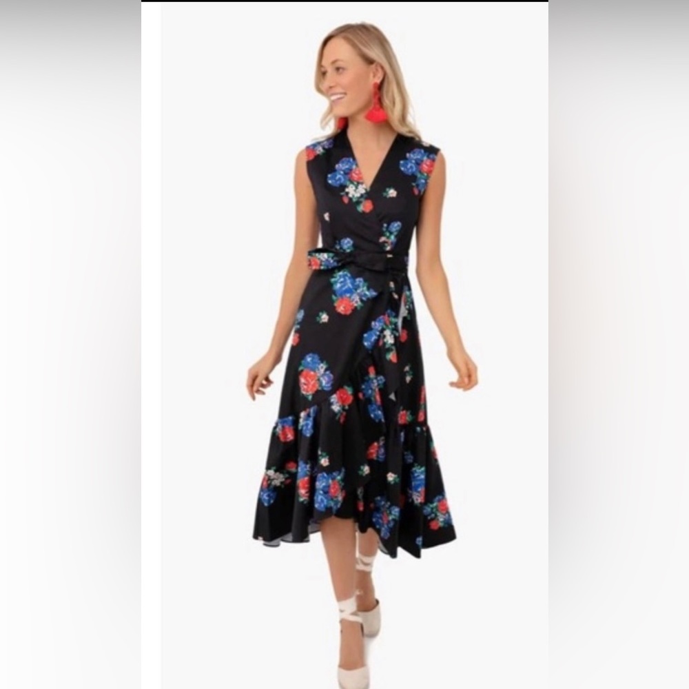 Tory Burch Floral Printed Wrap Midi Dress Black Tea Rose